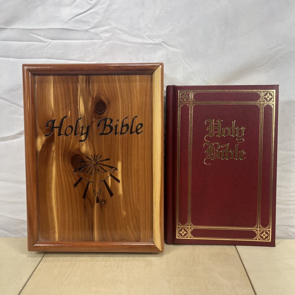 Holy Bible Dove Of Peace Wooden Cedar Box Case 7"×9" W/ Red Leather KJV Bible